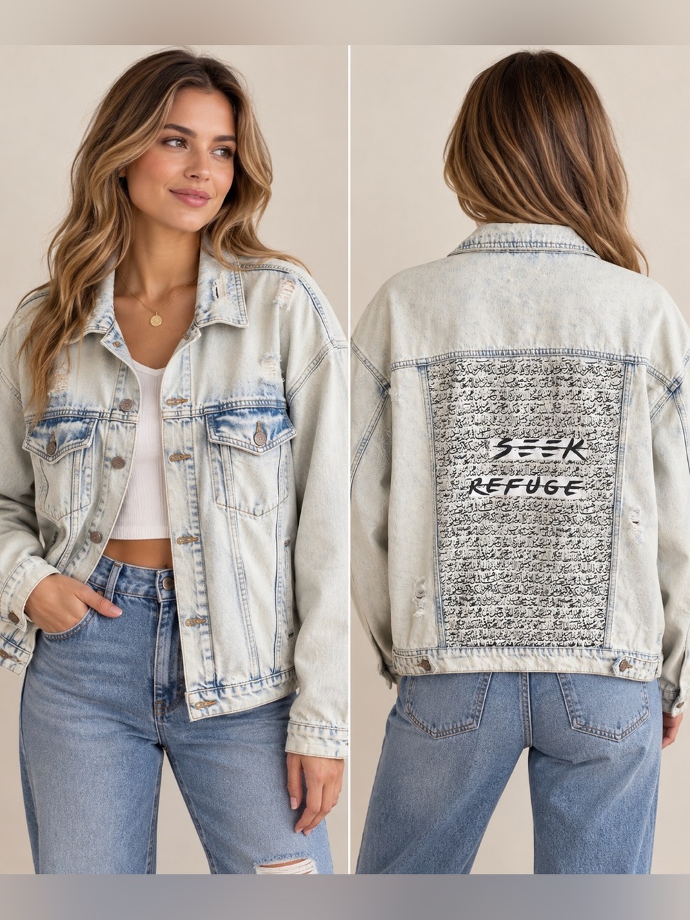 SEEK REFUGE Distressed Painted‎ Denim Jean Jacket Size M